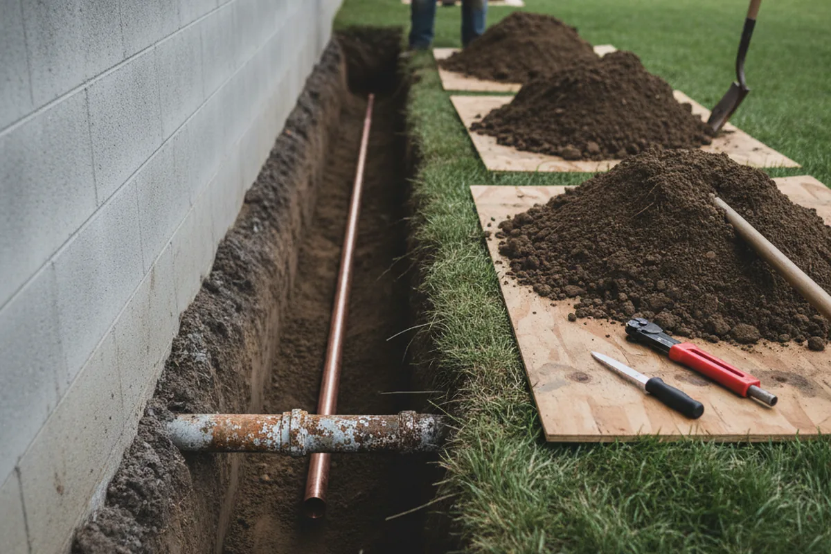 Excavated water line trench during Sewer Line Repair in Saco